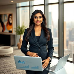 A confident Indian woman executive, dressed in a tailored business suit, standing in a modern office space with floor-to-ceiling windows showing a vibrant cityscape