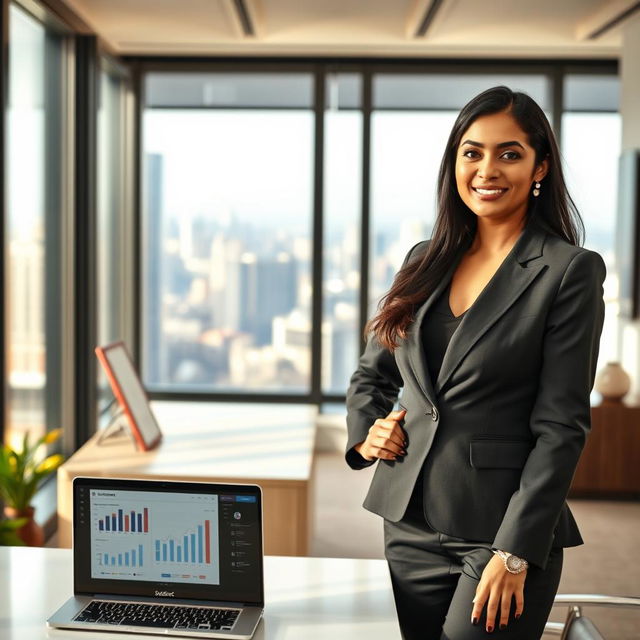 A confident Indian woman executive, dressed in a tailored business suit, standing in a modern office space with floor-to-ceiling windows showing a vibrant cityscape