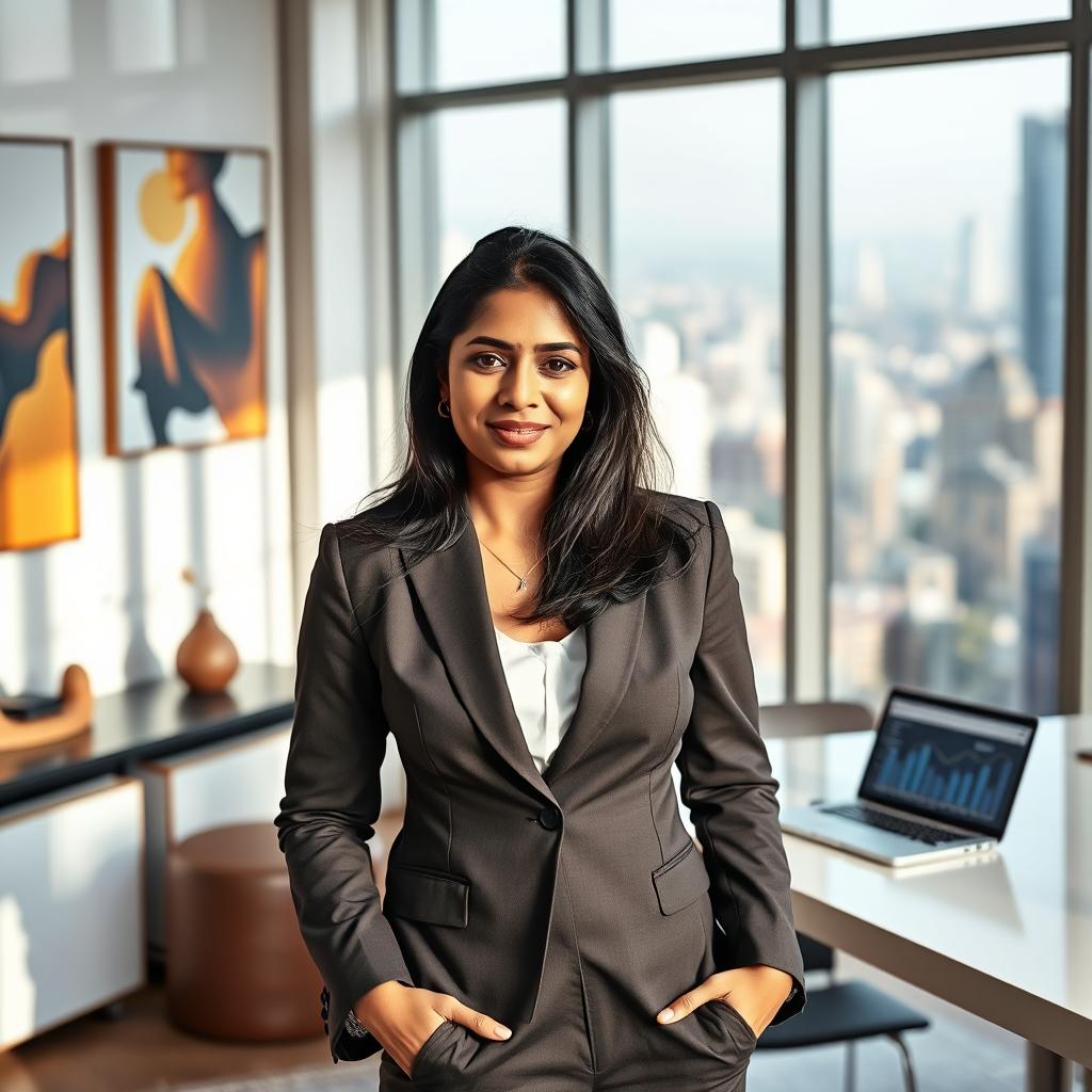 A confident Indian woman executive, dressed in a tailored business suit, standing in a modern office space with floor-to-ceiling windows showing a vibrant cityscape