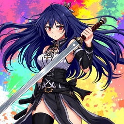 An anime-style illustration of a woman with striking black hair and vibrant red eyes, standing confidently while holding a sleek sword
