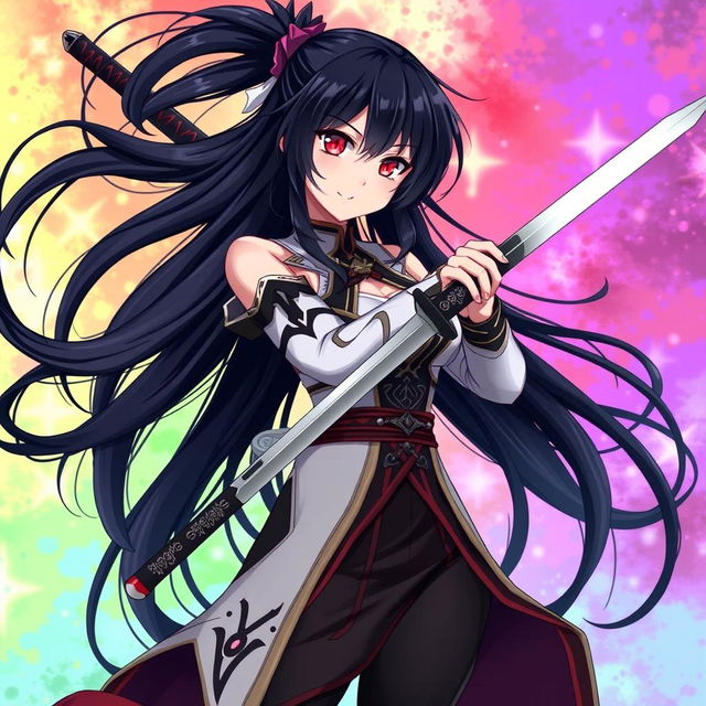 An anime-style illustration of a woman with striking black hair and vibrant red eyes, standing confidently while holding a sleek sword