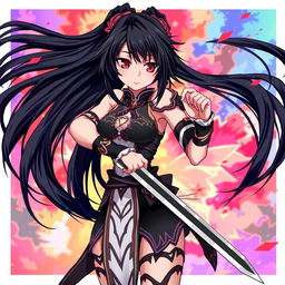 An anime-style illustration of a woman with striking black hair and vibrant red eyes, standing confidently while holding a sleek sword