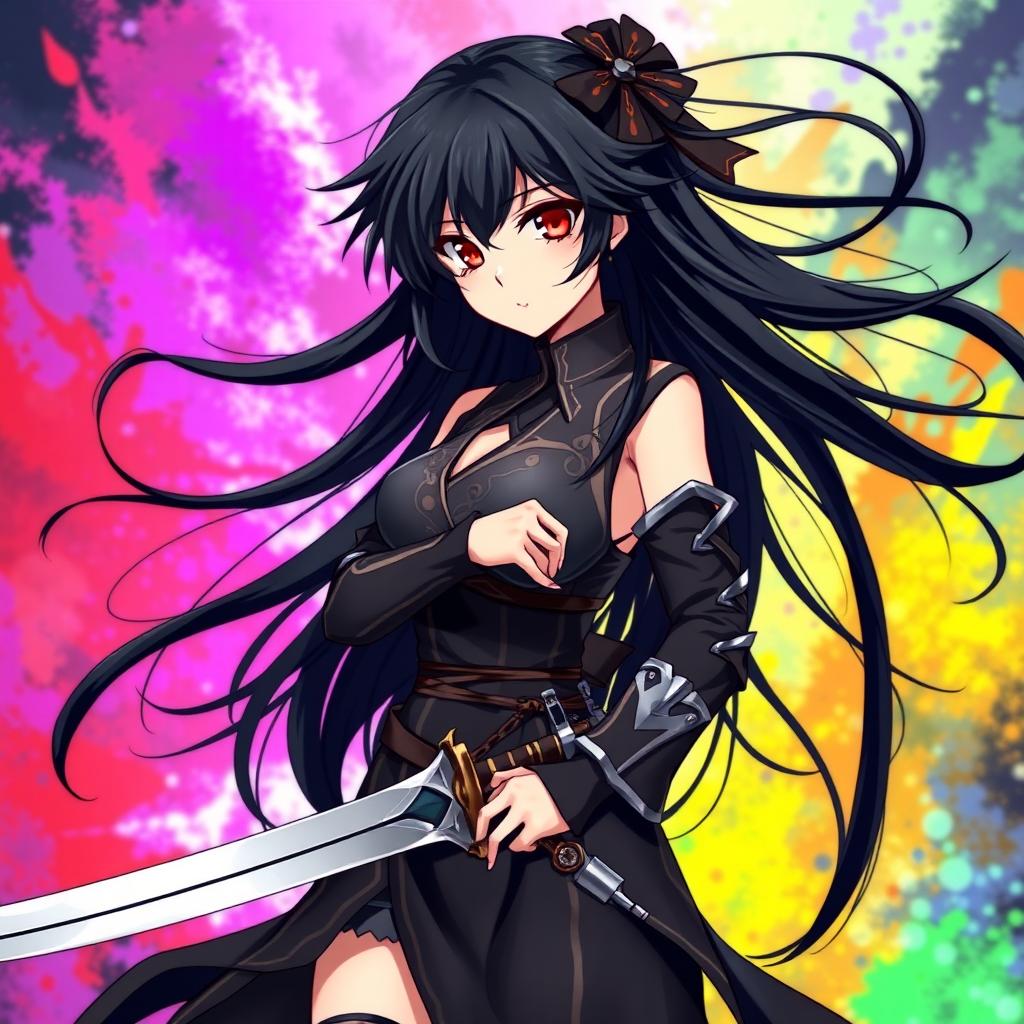 An anime-style illustration of a woman with striking black hair and vibrant red eyes, standing confidently while holding a sleek sword