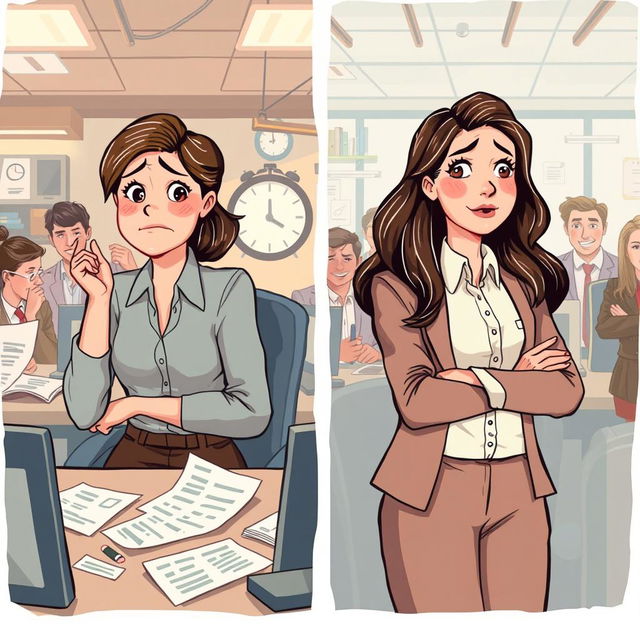 An illustrative scene portraying Sarah, a professional woman in a bustling office environment, and her journey through emotional challenges