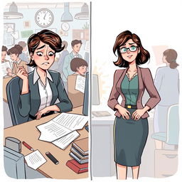 An illustrative scene portraying Sarah, a professional woman in a bustling office environment, and her journey through emotional challenges