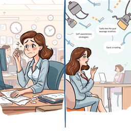 An illustrative scene portraying Sarah, a professional woman in a bustling office environment, and her journey through emotional challenges