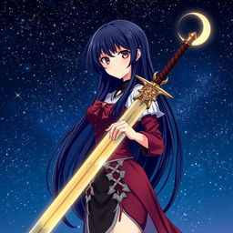 An anime-style illustration of a captivating woman with long black hair and radiant red eyes, standing confidently while holding a beautifully crafted sword