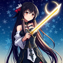 An anime-style illustration of a captivating woman with long black hair and radiant red eyes, standing confidently while holding a beautifully crafted sword