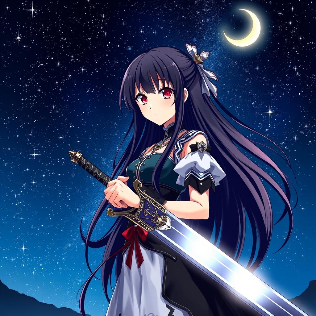 An anime-style illustration of a captivating woman with long black hair and radiant red eyes, standing confidently while holding a beautifully crafted sword