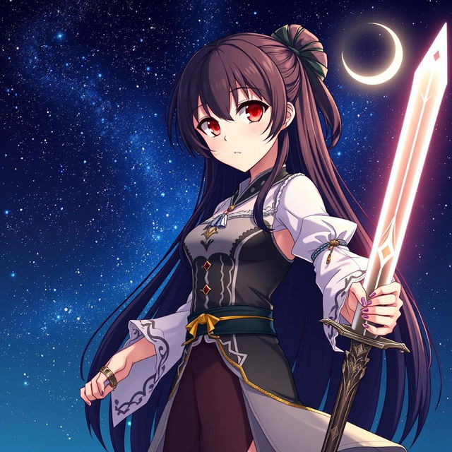 An anime-style illustration of a captivating woman with long black hair and radiant red eyes, standing confidently while holding a beautifully crafted sword