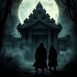 A cinematic poster depicting a suspenseful robbery scene set in front of an ancient temple