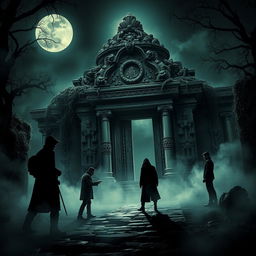 A cinematic poster depicting a suspenseful robbery scene set in front of an ancient temple