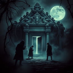 A cinematic poster depicting a suspenseful robbery scene set in front of an ancient temple