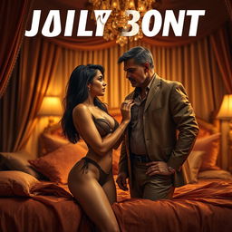 A cinematic poster depicting an intriguing romance scene between an Indian female character styled as a modern Lady Bond and an older gentleman in an elegant bedroom