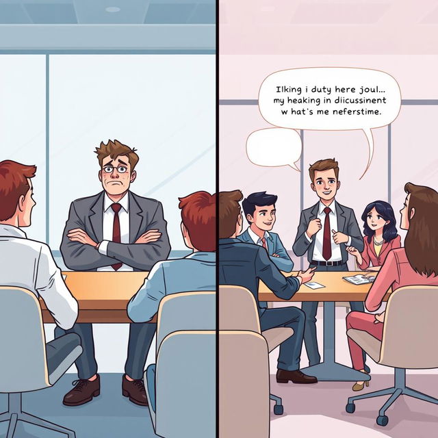 An illustrative scene showcasing John, a professional man in a corporate meeting environment, highlighting his emotional journey