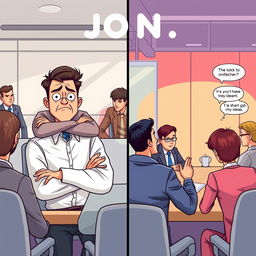 An illustrative scene showcasing John, a professional man in a corporate meeting environment, highlighting his emotional journey