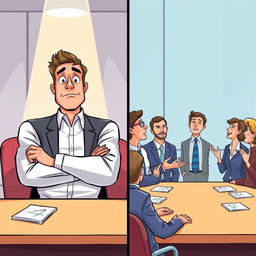 An illustrative scene showcasing John, a professional man in a corporate meeting environment, highlighting his emotional journey