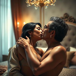 A cinematic poster capturing an intimate moment between an Indian female character styled as a modern Lady Bond and an older gentleman in a luxurious bedroom setting