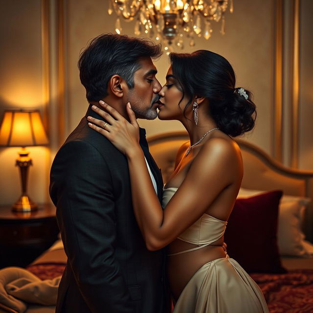 A cinematic poster capturing an intimate moment between an Indian female character styled as a modern Lady Bond and an older gentleman in a luxurious bedroom setting