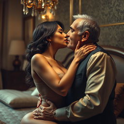 A cinematic poster capturing an intimate moment between an Indian female character styled as a modern Lady Bond and an older gentleman in a luxurious bedroom setting