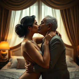 A cinematic poster capturing an intimate moment between an Indian female character styled as a modern Lady Bond and an older gentleman in a luxurious bedroom setting