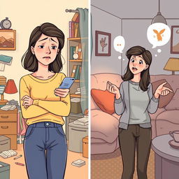 An emotional illustration of Emma, a woman experiencing a significant moment of self-awareness in a domestic setting