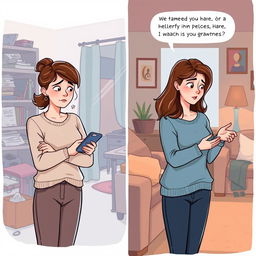 An emotional illustration of Emma, a woman experiencing a significant moment of self-awareness in a domestic setting