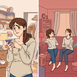An emotional illustration of Emma, a woman experiencing a significant moment of self-awareness in a domestic setting