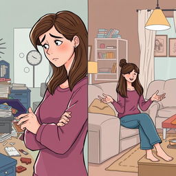 An emotional illustration of Emma, a woman experiencing a significant moment of self-awareness in a domestic setting