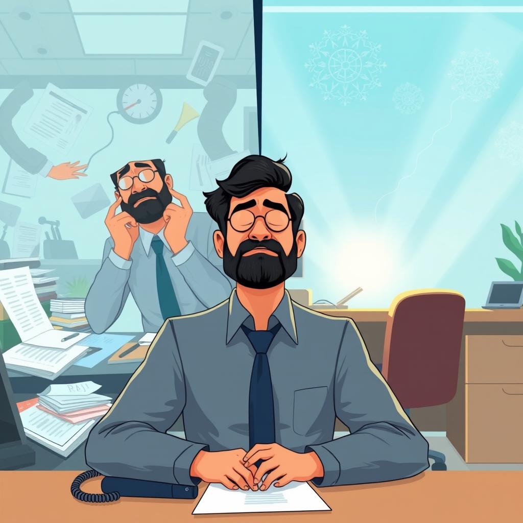 An engaging illustration of Raj, a professional man in a sales office, showcasing his journey in managing stress through mindfulness