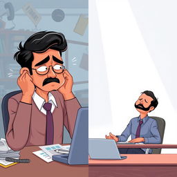 An engaging illustration of Raj, a professional man in a sales office, showcasing his journey in managing stress through mindfulness