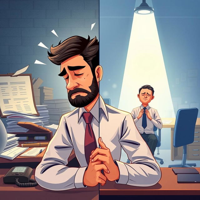 An engaging illustration of Raj, a professional man in a sales office, showcasing his journey in managing stress through mindfulness