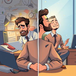 An engaging illustration of Raj, a professional man in a sales office, showcasing his journey in managing stress through mindfulness