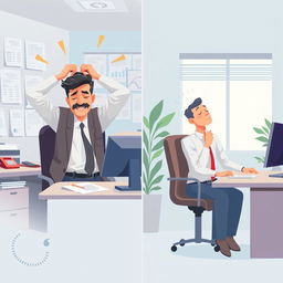 A dynamic illustration of Raj, a businessman in a high-pressure sales environment, effectively managing his stress through mindfulness techniques