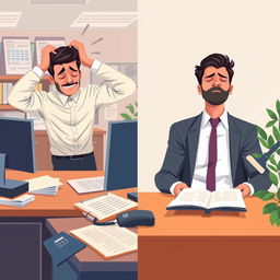 A dynamic illustration of Raj, a businessman in a high-pressure sales environment, effectively managing his stress through mindfulness techniques