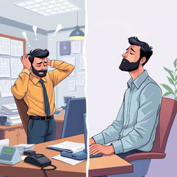 A dynamic illustration of Raj, a businessman in a high-pressure sales environment, effectively managing his stress through mindfulness techniques