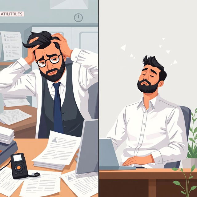 A dynamic illustration of Raj, a businessman in a high-pressure sales environment, effectively managing his stress through mindfulness techniques