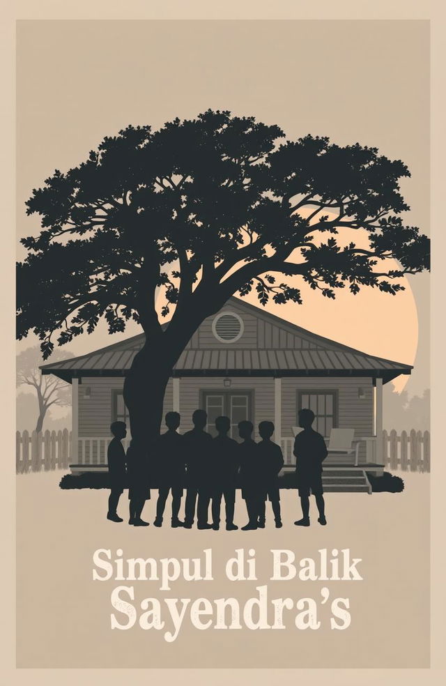 A cozy boarding house with eight silhouettes of teenage boys in front, standing together and facing the house