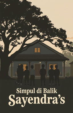 A cozy boarding house with eight silhouettes of teenage boys in front, standing together and facing the house