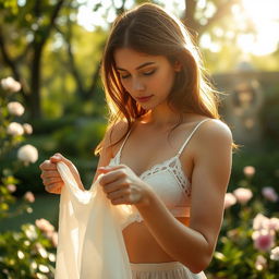 A beautiful girl in a serene setting, casually washing delicate lingerie