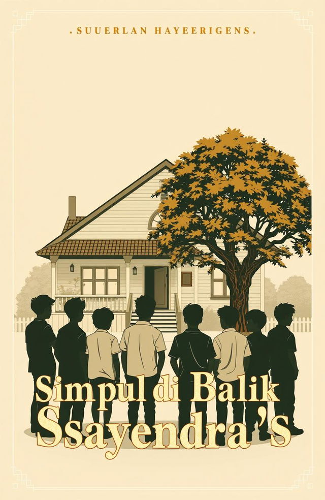 A cozy boarding house scene with eight silhouettes of adult collage boys standing in front, facing the house