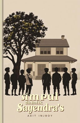 A cozy boarding house scene with eight silhouettes of adult collage boys standing in front, facing the house