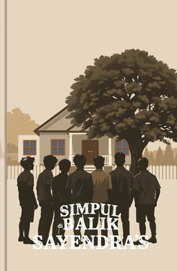 A cozy boarding house scene with eight silhouettes of adult collage boys standing in front, facing the house