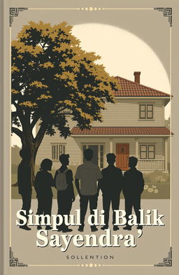 A cozy boarding house scene with eight silhouettes of adult collage boys standing in front, facing the house