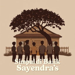 A cozy boarding house scene with eight silhouettes of adult collage boys standing in front, facing the house