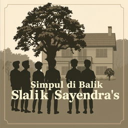 A cozy boarding house scene with eight silhouettes of adult collage boys standing in front, facing the house