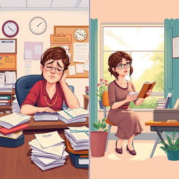 A vibrant illustration of Leah, a dedicated teacher, experiencing a transformative moment of self-care and boundary-setting at her school