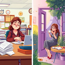 A vibrant illustration of Leah, a dedicated teacher, experiencing a transformative moment of self-care and boundary-setting at her school