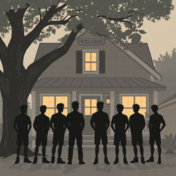 A cozy boarding house depicted in a charming, rustic style, surrounded by a warm atmosphere