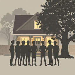 A cozy boarding house depicted in a charming, rustic style, surrounded by a warm atmosphere